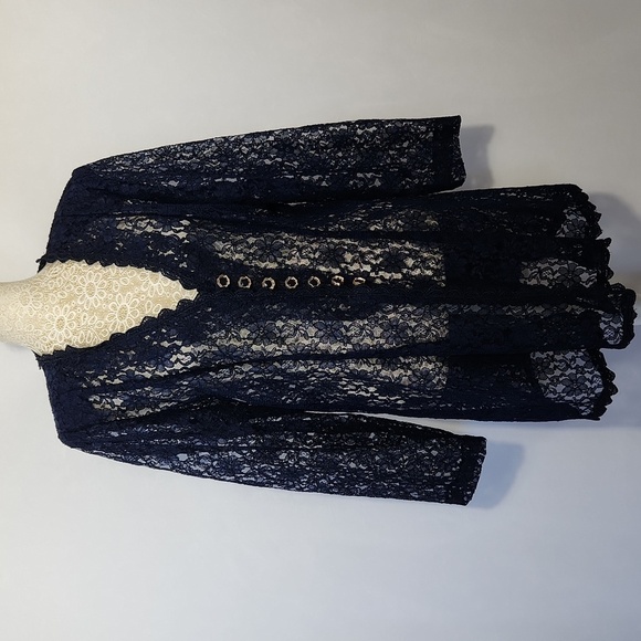 Beautiful U Women's Navy Blue Crochet Lace Scalloped Hem Button Front Cardigan L - Picture 1 of 15